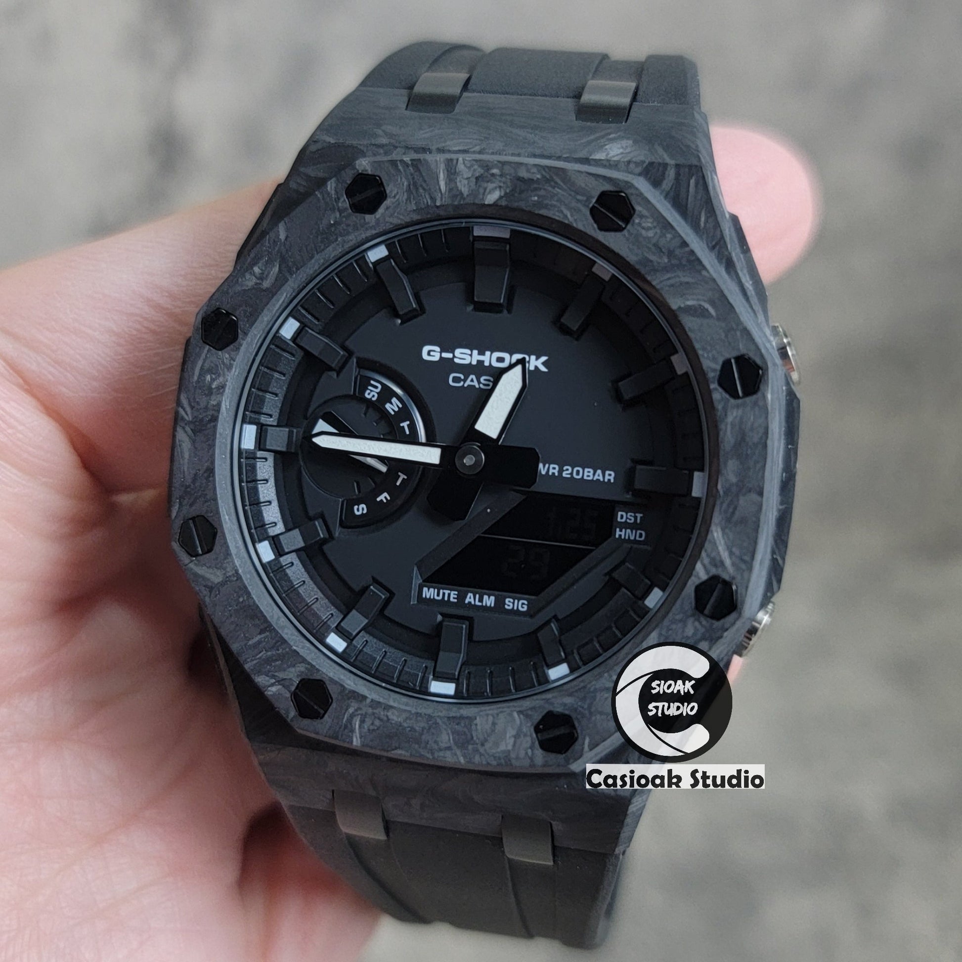 Casioak Mod Watch Carbon Fiber Offshore Superior Black Case Black Strap Black Time Mark Black Dial 44mm- Casioak Mod Casio G-Shock Royal Oak Custom Mens Luxury Watches Ga2100