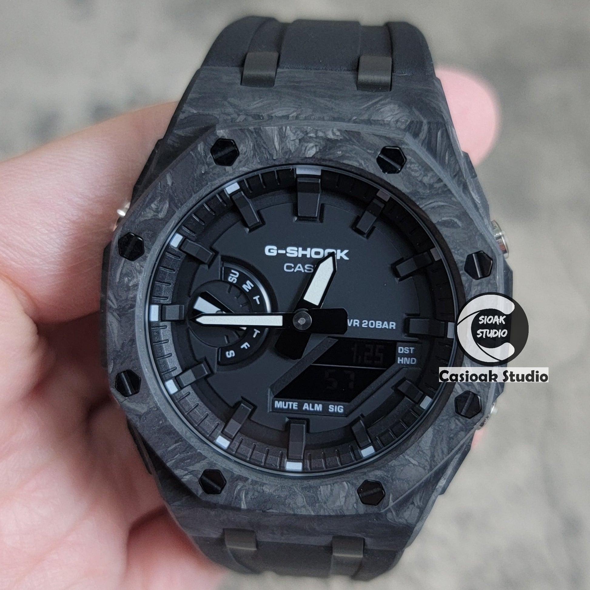 Casioak Mod Watch Carbon Fiber Offshore Superior Black Case Black Strap Black Time Mark Black Dial 44mm- Casioak Mod Casio G-Shock Royal Oak Custom Mens Luxury Watches Ga2100