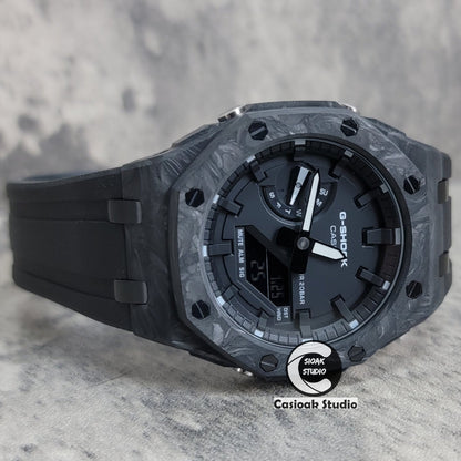 Casioak Mod Watch Carbon Fiber Offshore Superior Black Case Black Strap Black Time Mark Black Dial 44mm- Casioak Mod Casio G-Shock Royal Oak Custom Mens Luxury Watches Ga2100