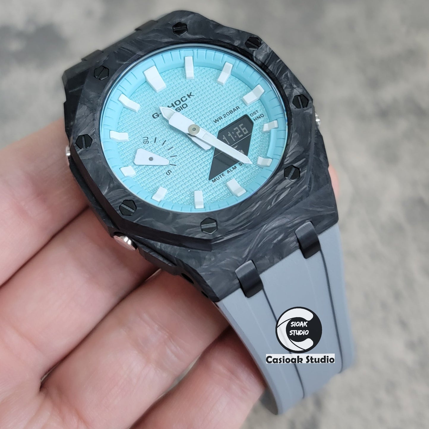 Casioak Mod Watch Carbon Fiber Offshore Superior Black Case Gray Strap Blue White Time Mark Tiff Blue Dial 44mm- Casioak Mod Casio G-Shock Royal Oak Custom Mens Luxury Watches Ga2100