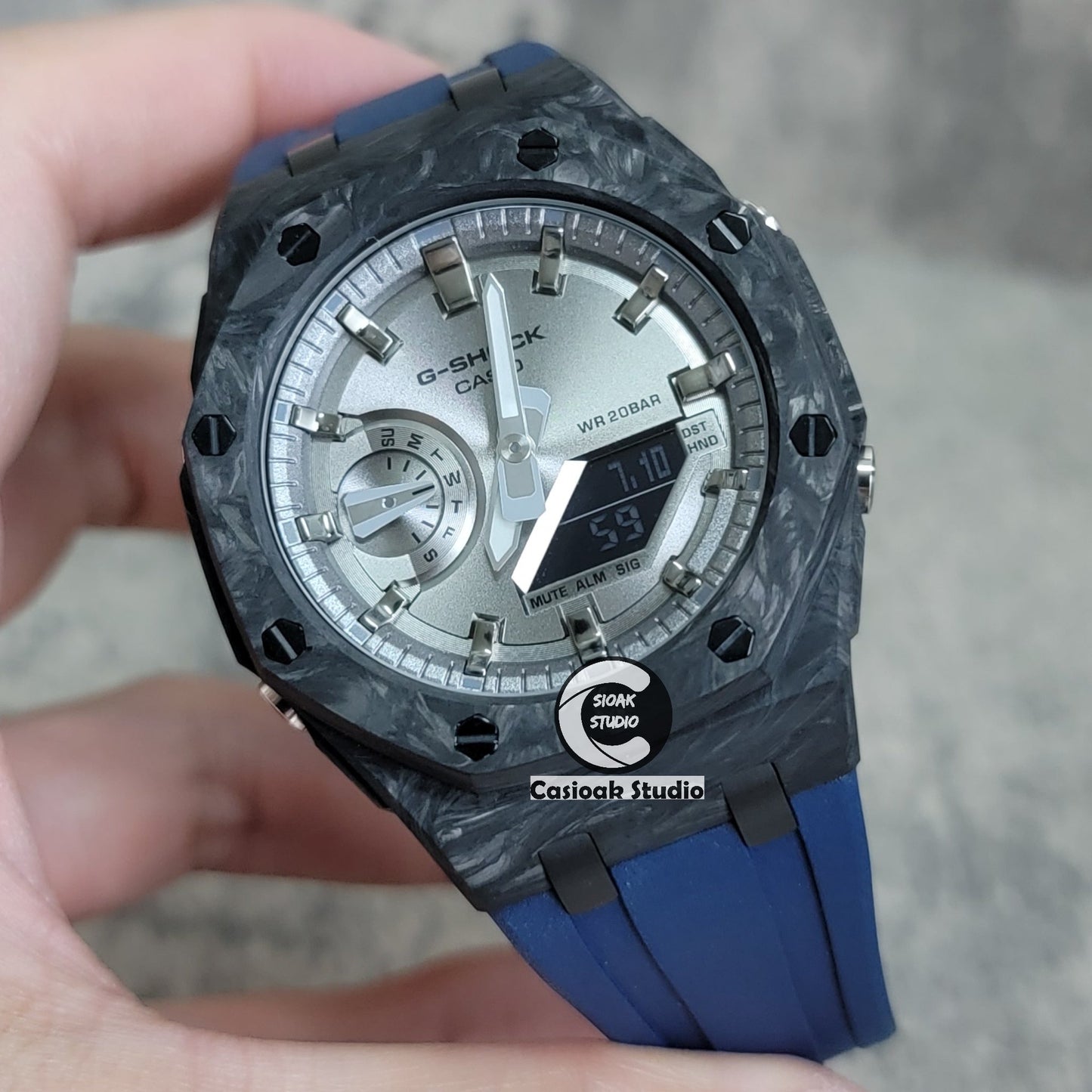 Casioak Mod Watch Carbon Fiber Offshore Superior Black Case Navy Strap Silver Grey Time Mark Silver Grey Dial 44mm- Casioak Mod Casio G-Shock Royal Oak Custom Mens Luxury Watches Ga2100