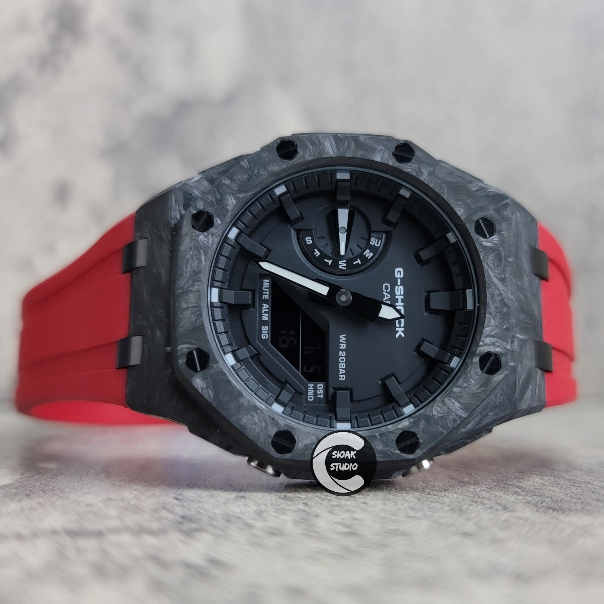 Casioak Mod Watch Carbon Fiber Offshore Superior Black Case Red Strap Black Time Mark Black Dial 44mm- Casioak Mod Casio G-Shock Royal Oak Custom Mens Luxury Watches Ga2100