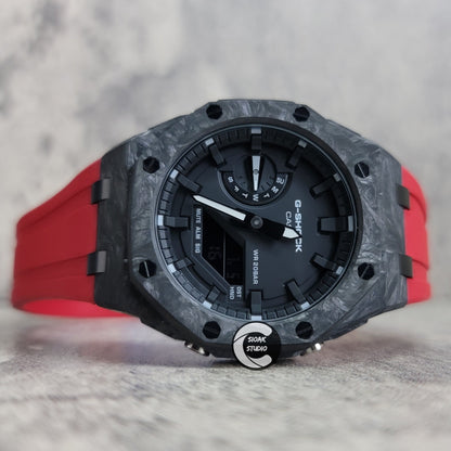 Casioak Mod Watch Carbon Fiber Offshore Superior Black Case Red Strap Black Time Mark Black Dial 44mm- Casioak Mod Casio G-Shock Royal Oak Custom Mens Luxury Watches Ga2100