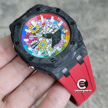 Casioak Mod Watch Carbon Fiber Offshore Superior Black Case Red Strap Blue Rainbow White Time Mark Takashi Murakami Dial 44mm- Casioak Mod Casio G-Shock Royal Oak Custom Mens Luxury Watches Ga2100