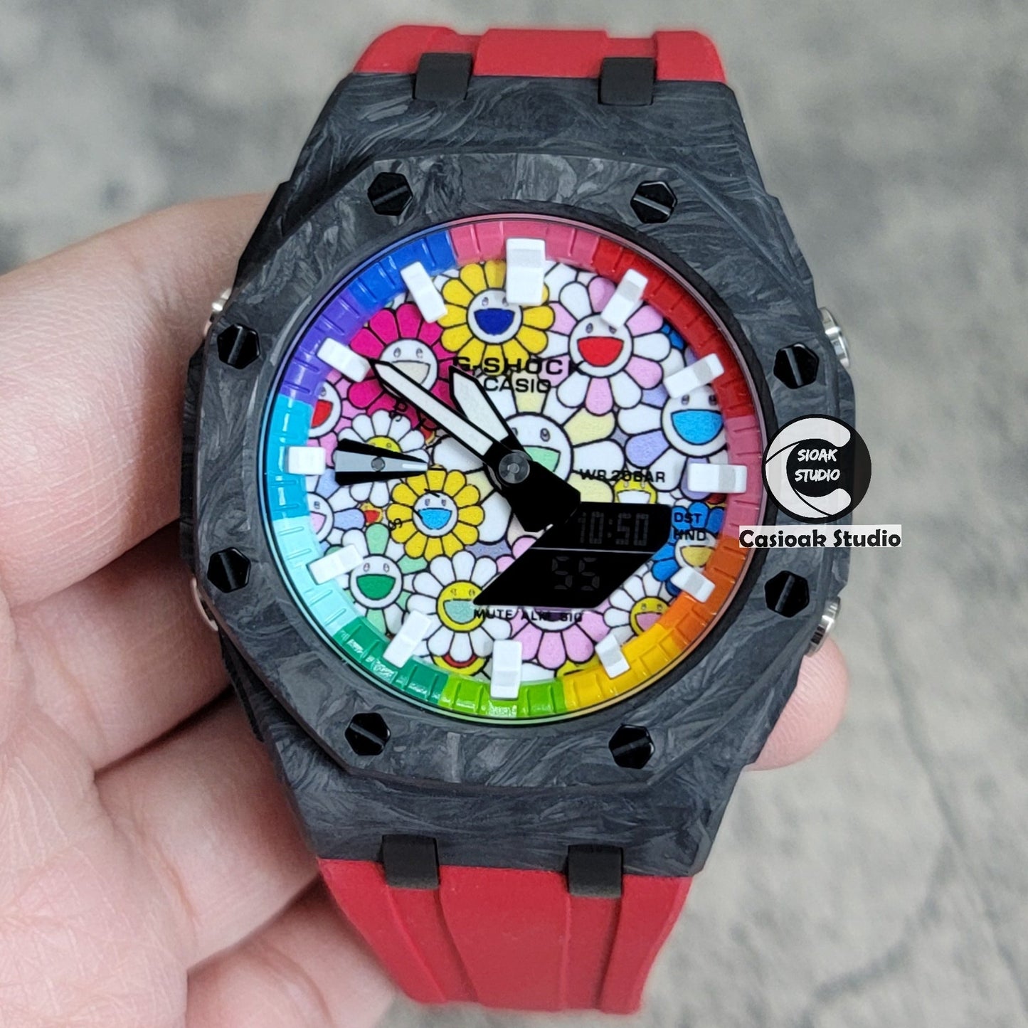 Casioak Mod Watch Carbon Fiber Offshore Superior Black Case Red Strap Blue Rainbow White Time Mark Takashi Murakami Dial 44mm- Casioak Mod Casio G-Shock Royal Oak Custom Mens Luxury Watches Ga2100