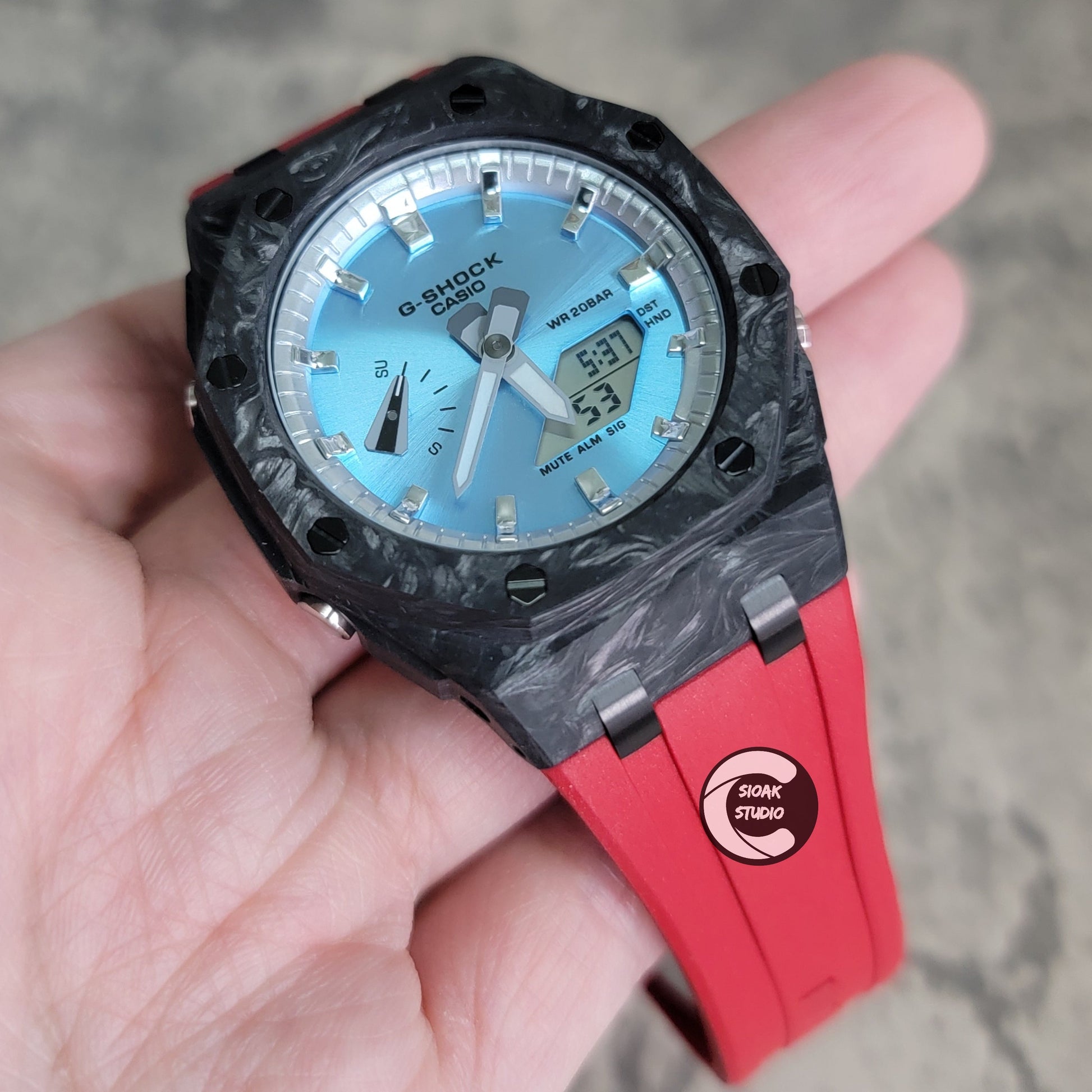 Casioak Mod Watch Carbon Fiber Offshore Superior Black Case Red Strap Silver Time Mark Ice Blue Dial 44mm- Casioak Mod Casio G-Shock Royal Oak Custom Mens Luxury Watches Ga2100