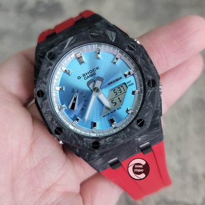 Casioak Mod Watch Carbon Fiber Offshore Superior Black Case Red Strap Silver Time Mark Ice Blue Dial 44mm- Casioak Mod Casio G-Shock Royal Oak Custom Mens Luxury Watches Ga2100