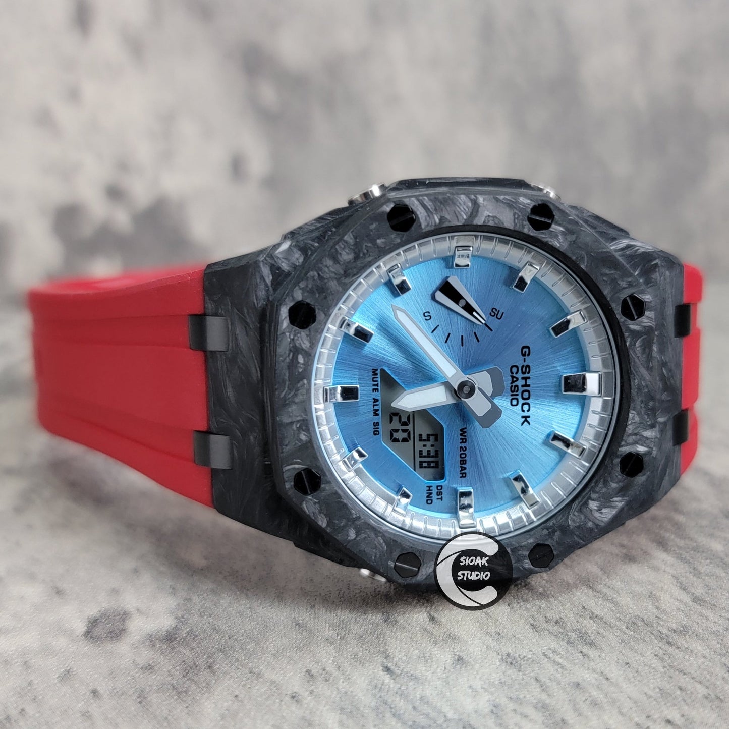 Casioak Mod Watch Carbon Fiber Offshore Superior Black Case Red Strap Silver Time Mark Ice Blue Dial 44mm- Casioak Mod Casio G-Shock Royal Oak Custom Mens Luxury Watches Ga2100