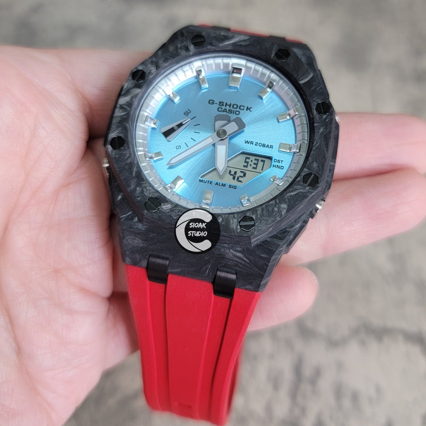 Casioak Mod Watch Carbon Fiber Offshore Superior Black Case Red Strap Silver Time Mark Ice Blue Dial 44mm- Casioak Mod Casio G-Shock Royal Oak Custom Mens Luxury Watches Ga2100