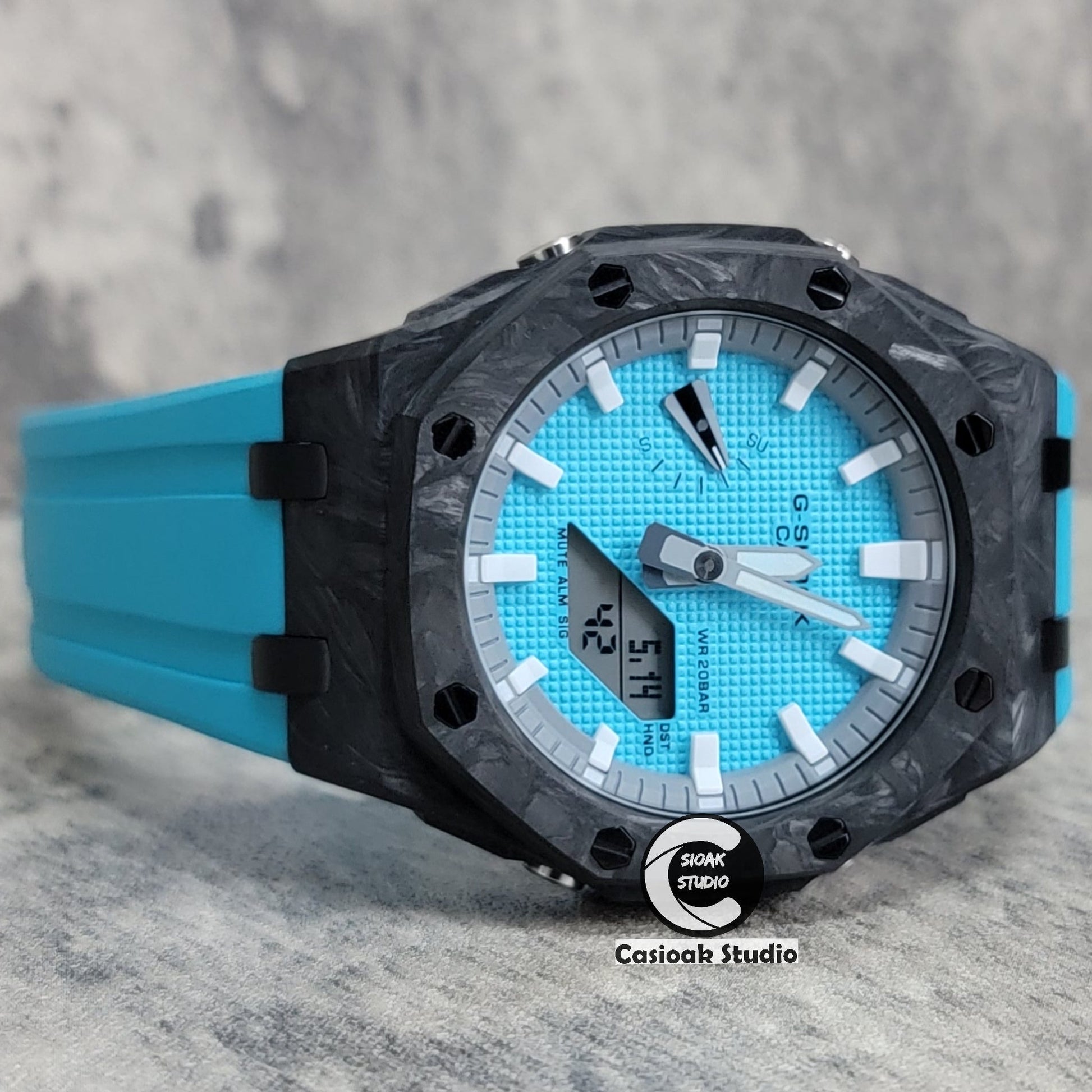 Casioak Mod Watch Carbon Fiber Offshore Superior Black Case Tiff Blue Strap Gray White Time Mark Tiff Blue Dial 44mm- Casioak Mod Casio G-Shock Royal Oak Custom Mens Luxury Watches Ga2100