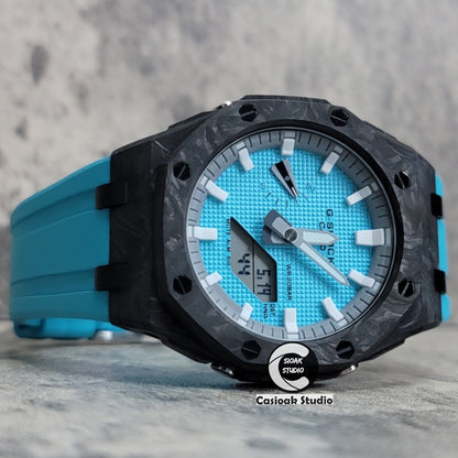 Casioak Mod Watch Carbon Fiber Offshore Superior Black Case Tiff Blue Strap Gray White Time Mark Tiff Blue Dial 44mm- Casioak Mod Casio G-Shock Royal Oak Custom Mens Luxury Watches Ga2100