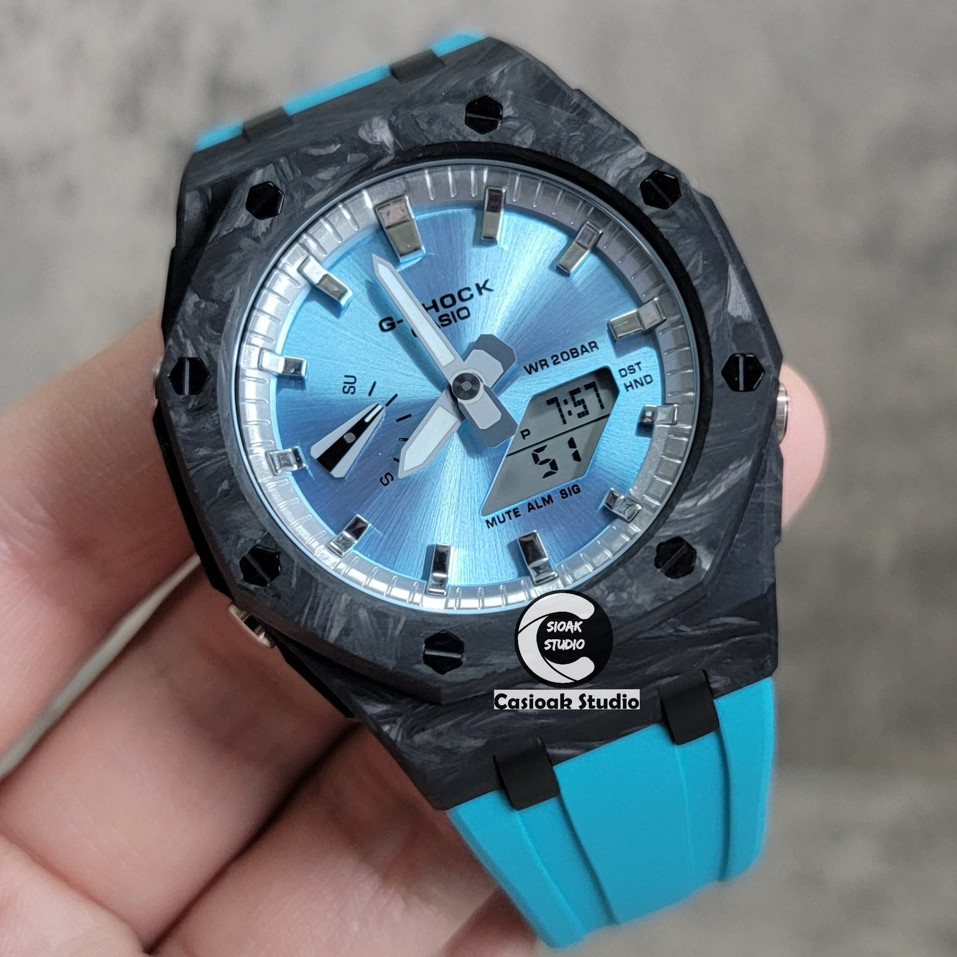 Casioak Mod Watch Carbon Fiber Offshore Superior Black Case Tiff Blue Strap Silver Time Mark Blue Dial 44mm- Casioak Mod Casio G-Shock Royal Oak Custom Mens Luxury Watches Ga2100