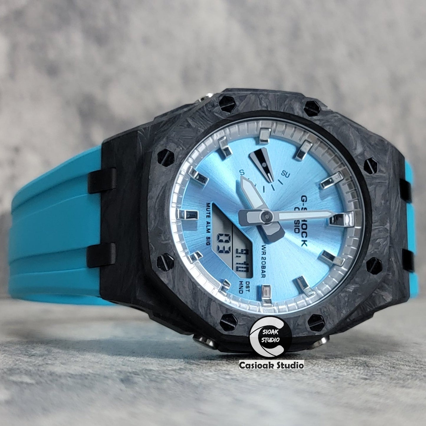 Casioak Mod Watch Carbon Fiber Offshore Superior Black Case Tiff Blue Strap Silver Time Mark Blue Dial 44mm- Casioak Mod Casio G-Shock Royal Oak Custom Mens Luxury Watches Ga2100