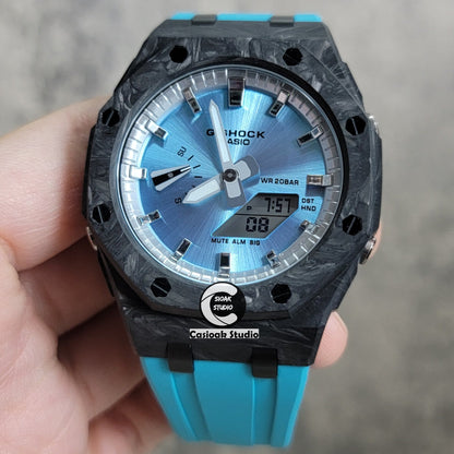 Casioak Mod Watch Carbon Fiber Offshore Superior Black Case Tiff Blue Strap Silver Time Mark Blue Dial 44mm- Casioak Mod Casio G-Shock Royal Oak Custom Mens Luxury Watches Ga2100