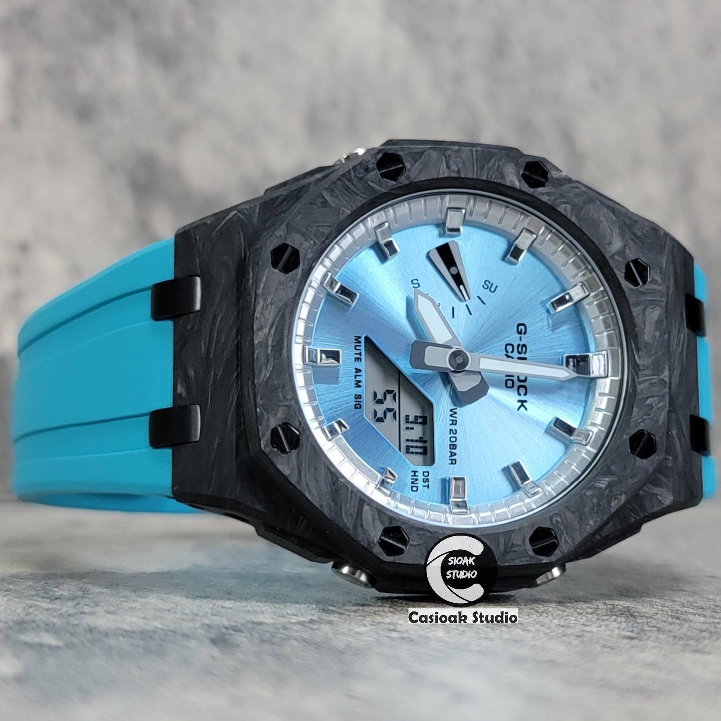 Casioak Mod Watch Carbon Fiber Offshore Superior Black Case Tiff Blue Strap Silver Time Mark Blue Dial 44mm- Casioak Mod Casio G-Shock Royal Oak Custom Mens Luxury Watches Ga2100