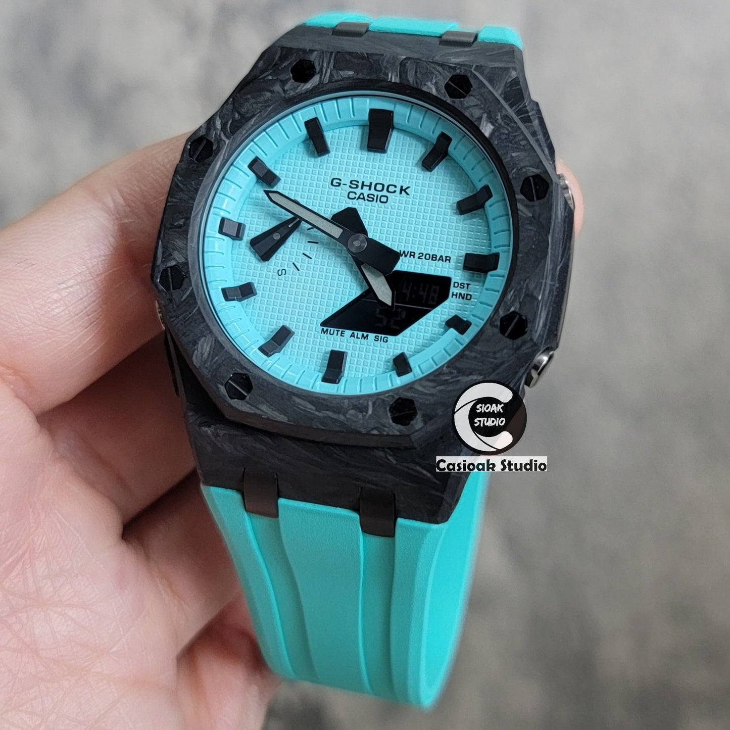 Casioak Mod Watch Carbon Fiber Offshore Superior Black Case Tiff Rubber Strap Tiff Blue Time Mark Black Dial 44mm- Casioak Mod Casio G-Shock Royal Oak Custom Mens Luxury Watches Ga2100