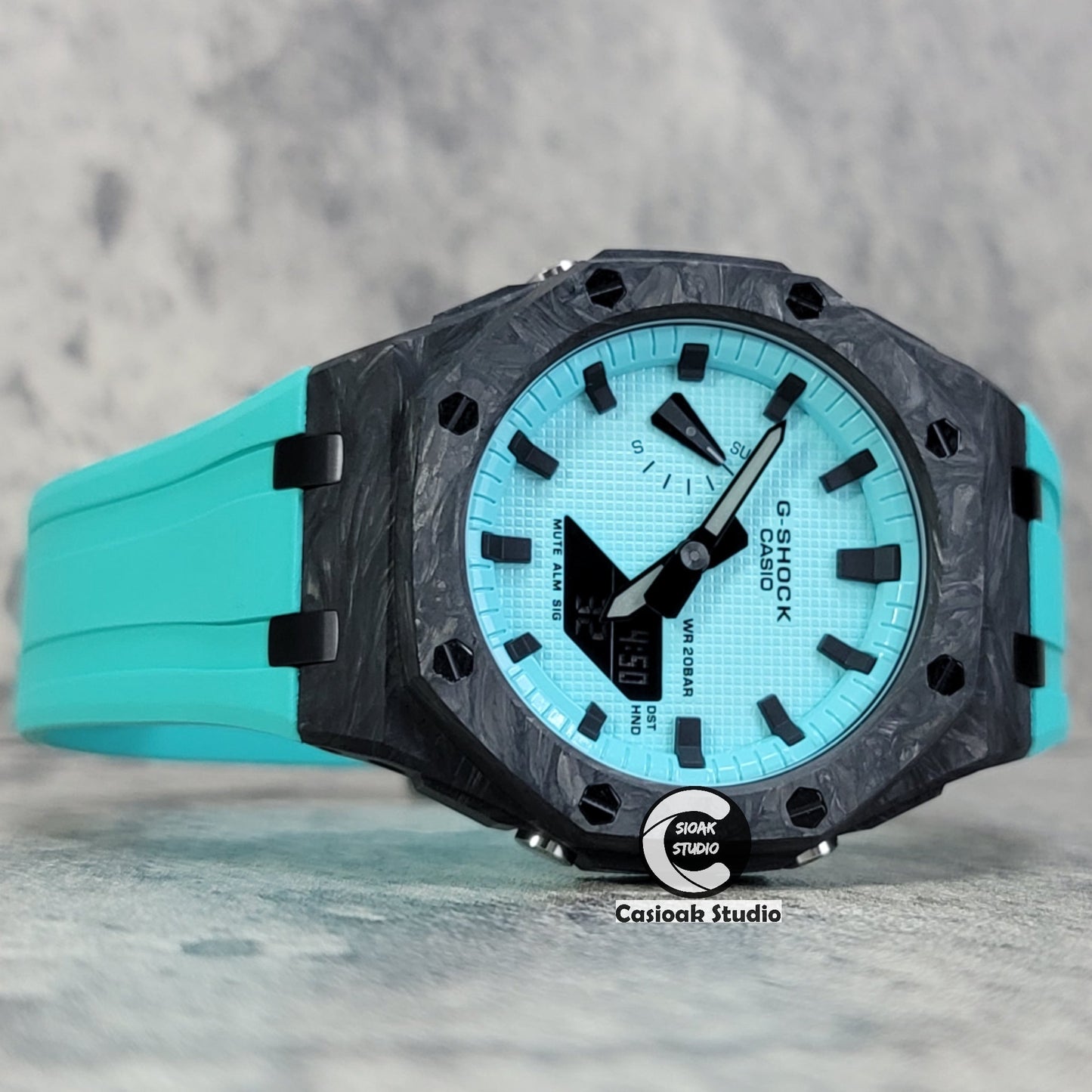 Casioak Mod Watch Carbon Fiber Offshore Superior Black Case Tiff Rubber Strap Tiff Blue Time Mark Black Dial 44mm- Casioak Mod Casio G-Shock Royal Oak Custom Mens Luxury Watches Ga2100