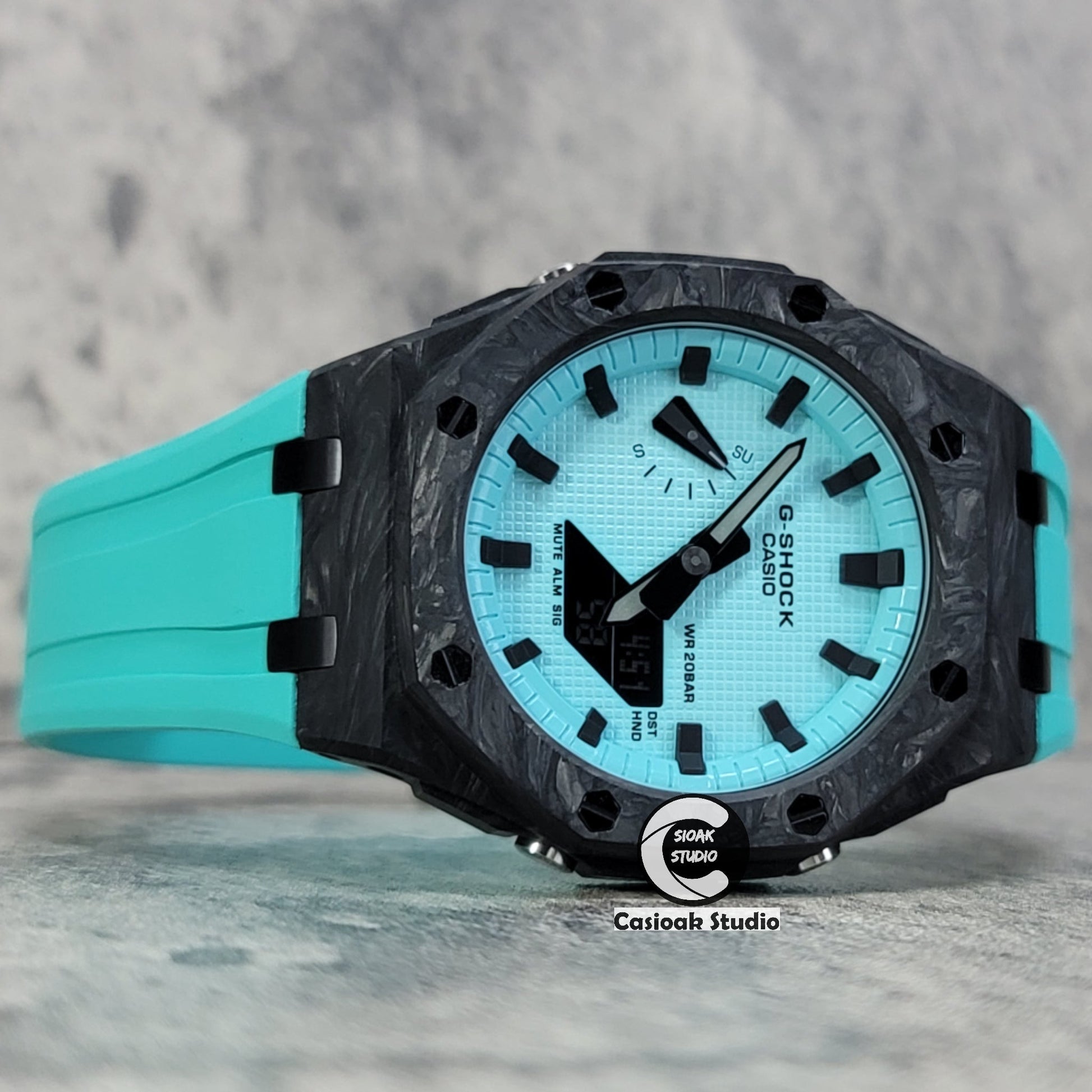 Casioak Mod Watch Carbon Fiber Offshore Superior Black Case Tiff Rubber Strap Tiff Blue Time Mark Black Dial 44mm- Casioak Mod Casio G-Shock Royal Oak Custom Mens Luxury Watches Ga2100