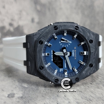 Casioak Mod Watch Carbon Fiber Offshore Superior Black Case White Strap Black Silver Time Mark Blue Waffle Dial 44mm- Casioak Mod Casio G-Shock Royal Oak Custom Mens Luxury Watches Ga2100