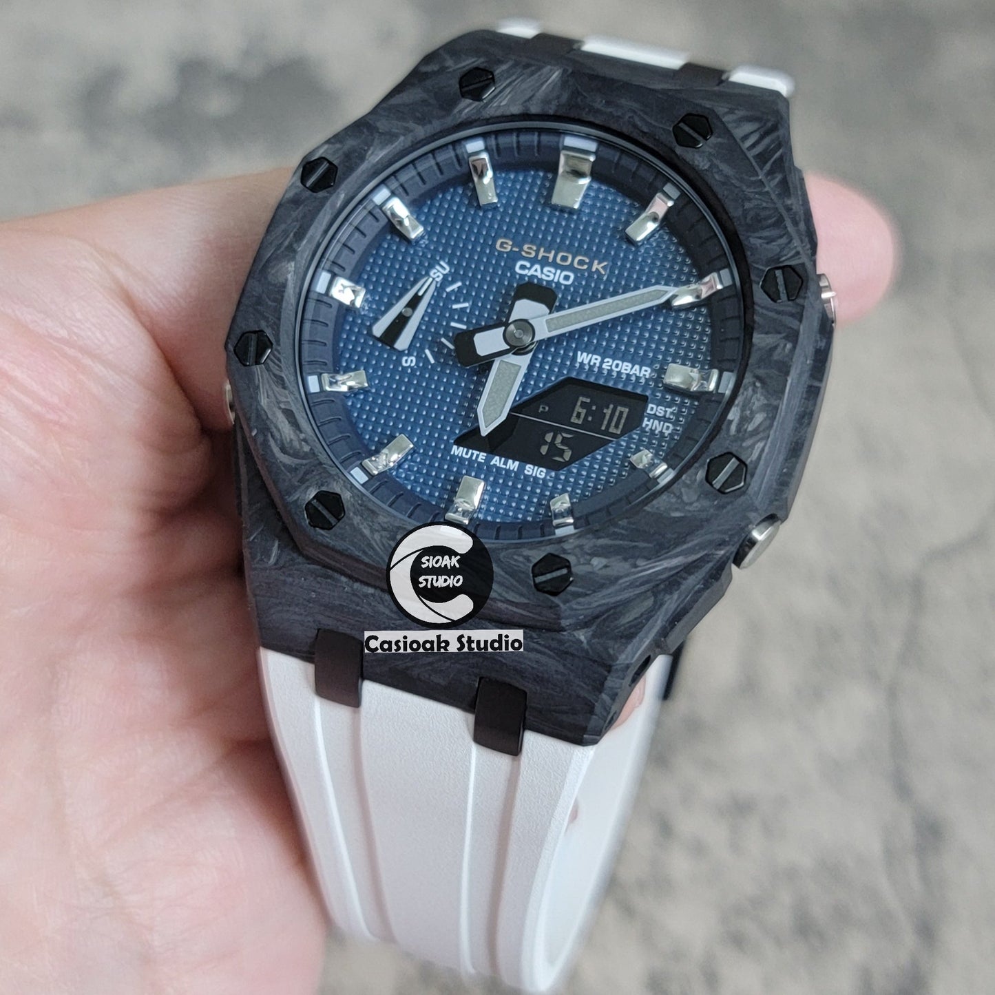 Casioak Mod Watch Carbon Fiber Offshore Superior Black Case White Strap Black Silver Time Mark Blue Waffle Dial 44mm- Casioak Mod Casio G-Shock Royal Oak Custom Mens Luxury Watches Ga2100