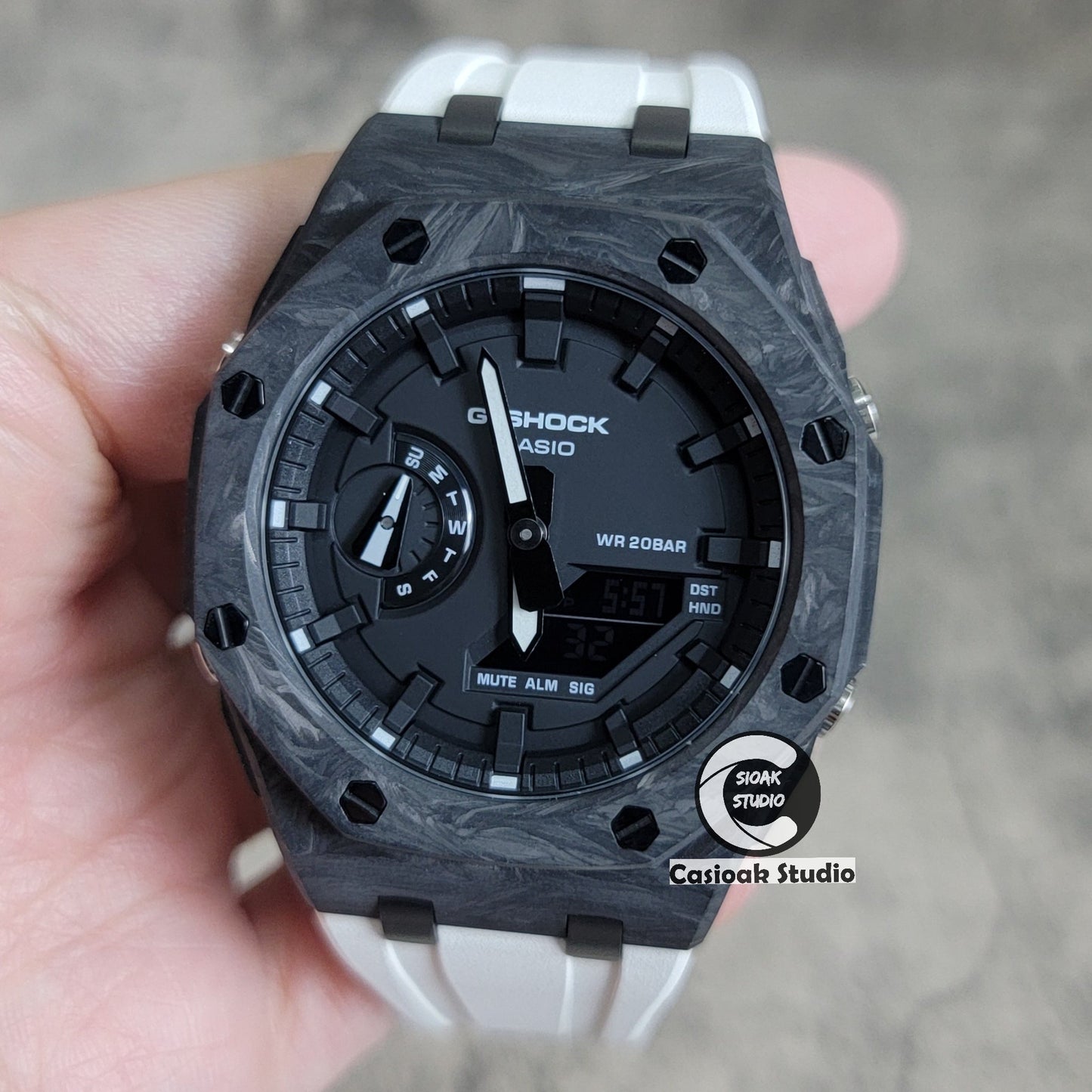 Casioak Mod Watch Carbon Fiber Offshore Superior Black Case White Strap Black Time Mark Black Dial 44mm- Casioak Mod Casio G-Shock Royal Oak Custom Mens Luxury Watches Ga2100