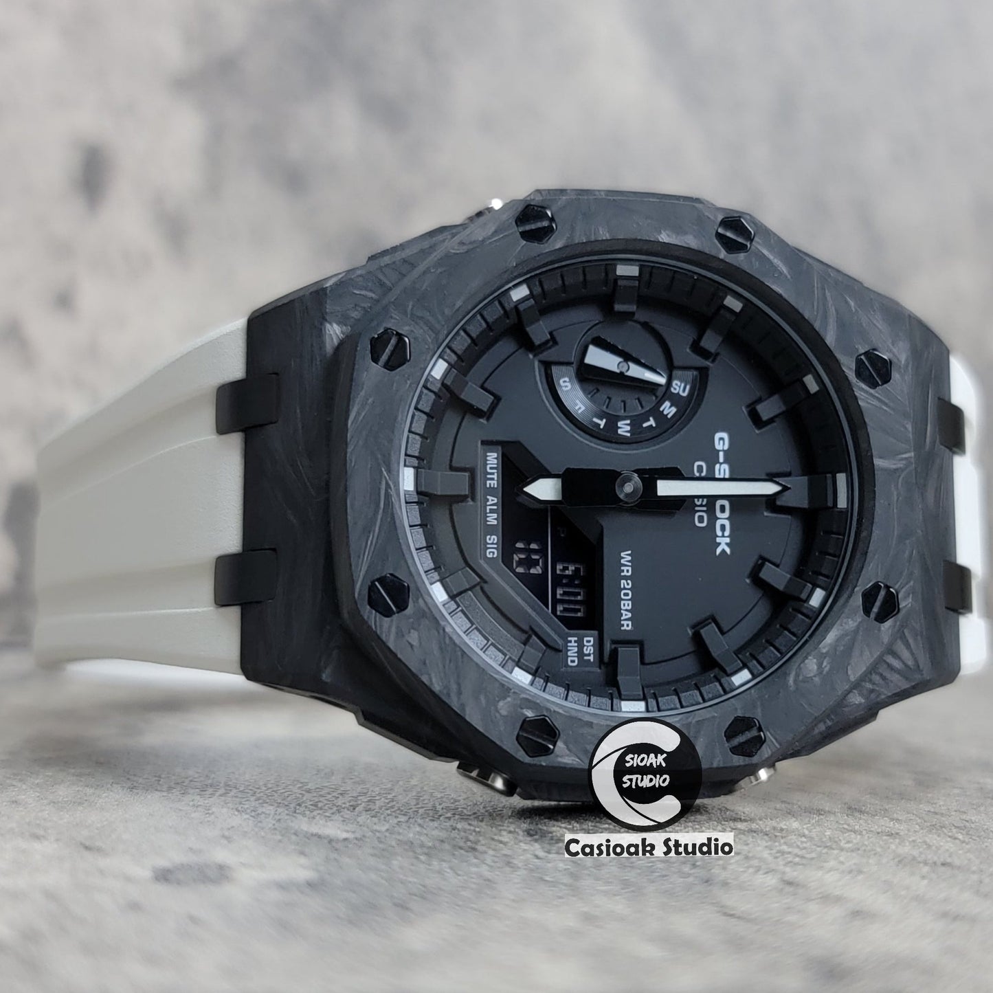 Casioak Mod Watch Carbon Fiber Offshore Superior Black Case White Strap Black Time Mark Black Dial 44mm- Casioak Mod Casio G-Shock Royal Oak Custom Mens Luxury Watches Ga2100