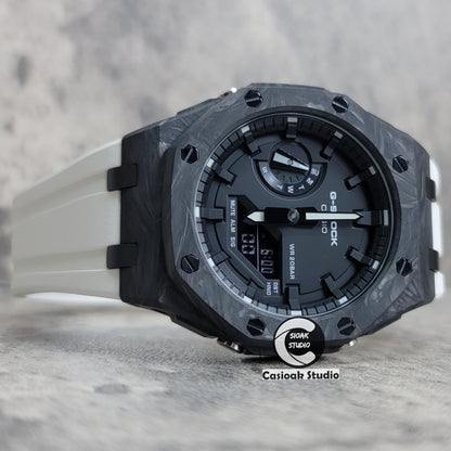 Casioak Mod Watch Carbon Fiber Offshore Superior Black Case White Strap Black Time Mark Black Dial 44mm- Casioak Mod Casio G-Shock Royal Oak Custom Mens Luxury Watches Ga2100