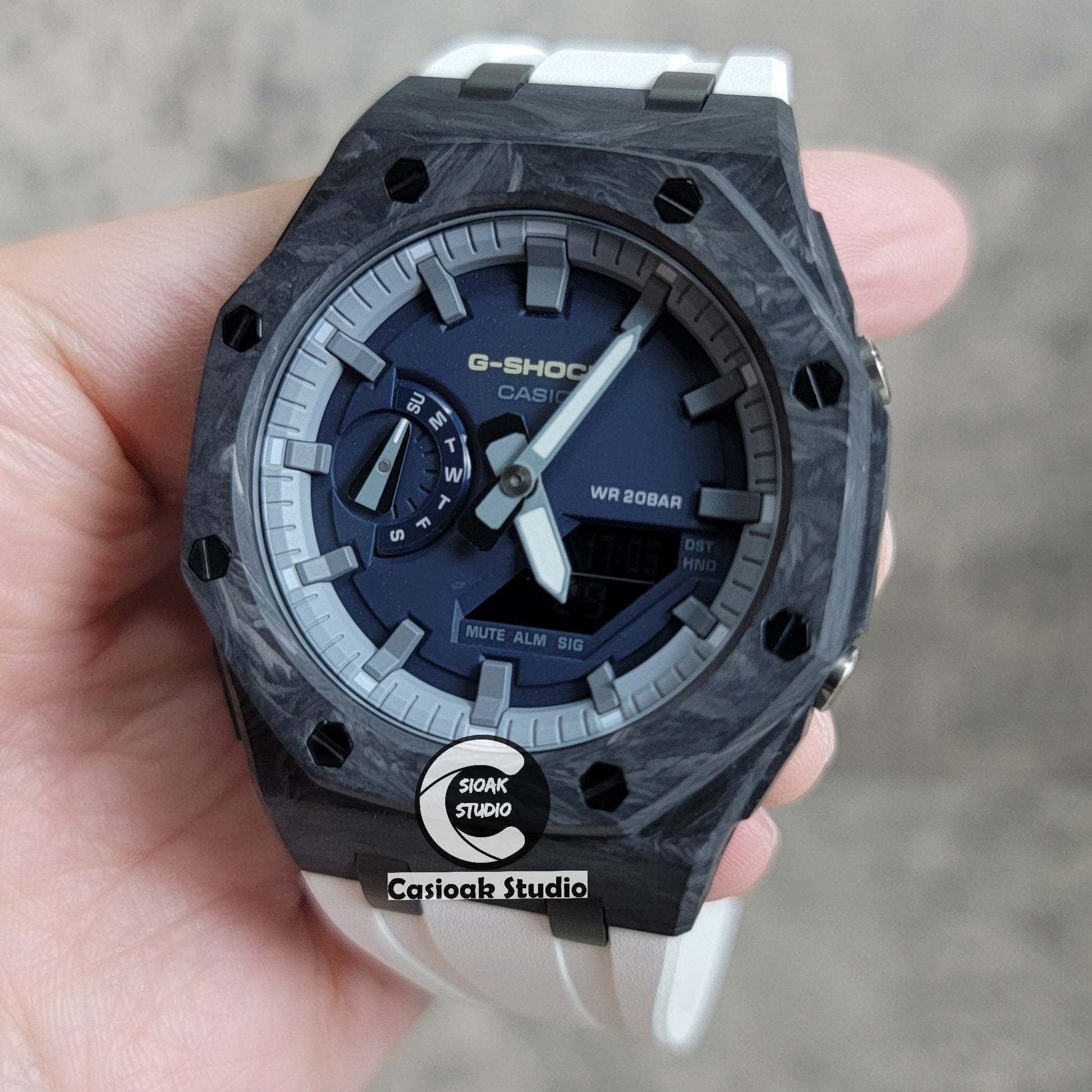 Casioak Mod Watch Carbon Fiber Offshore Superior Black Case White Strap Gray Time Mark Blue Dial 44mm- Casioak Mod Casio G-Shock Royal Oak Custom Mens Luxury Watches Ga2100