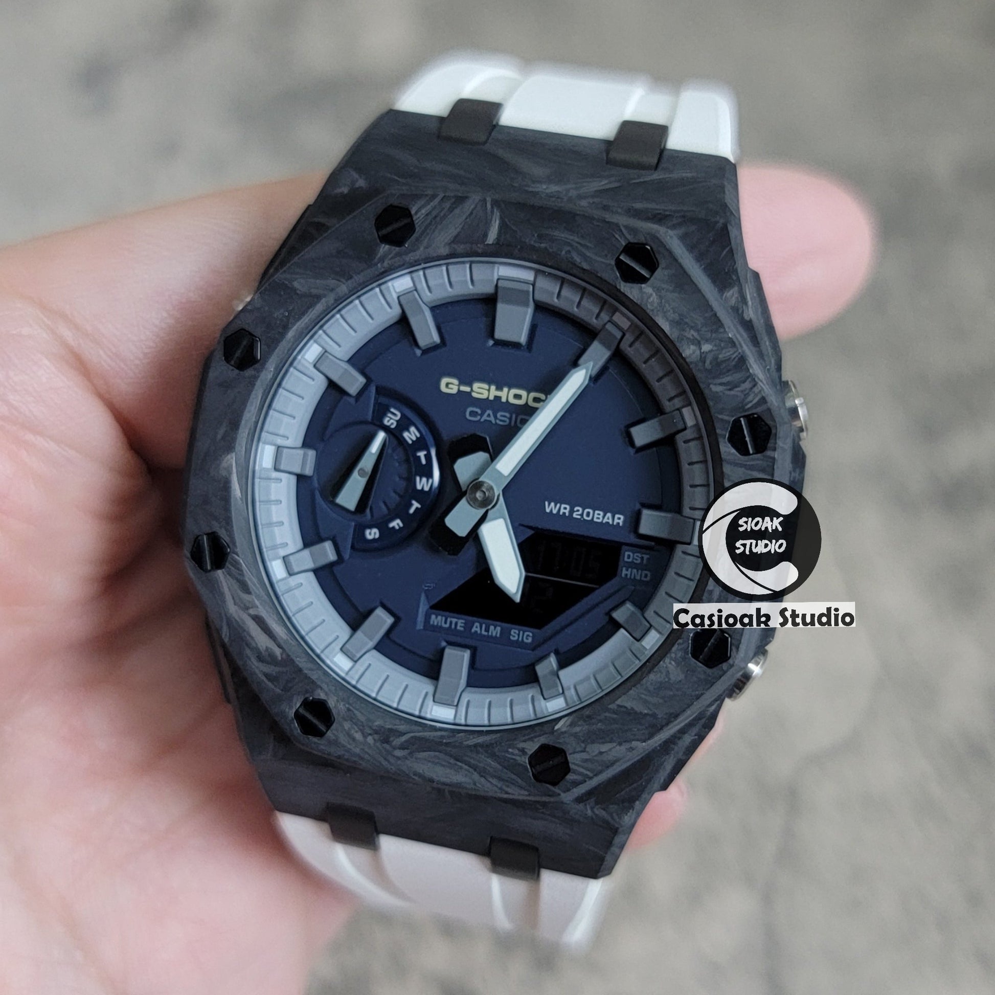 Casioak Mod Watch Carbon Fiber Offshore Superior Black Case White Strap Gray Time Mark Blue Dial 44mm- Casioak Mod Casio G-Shock Royal Oak Custom Mens Luxury Watches Ga2100