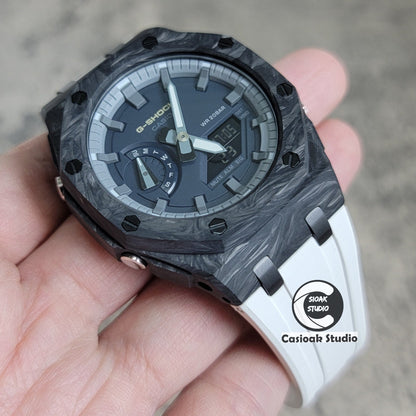 Casioak Mod Watch Carbon Fiber Offshore Superior Black Case White Strap Gray Time Mark Blue Dial 44mm- Casioak Mod Casio G-Shock Royal Oak Custom Mens Luxury Watches Ga2100