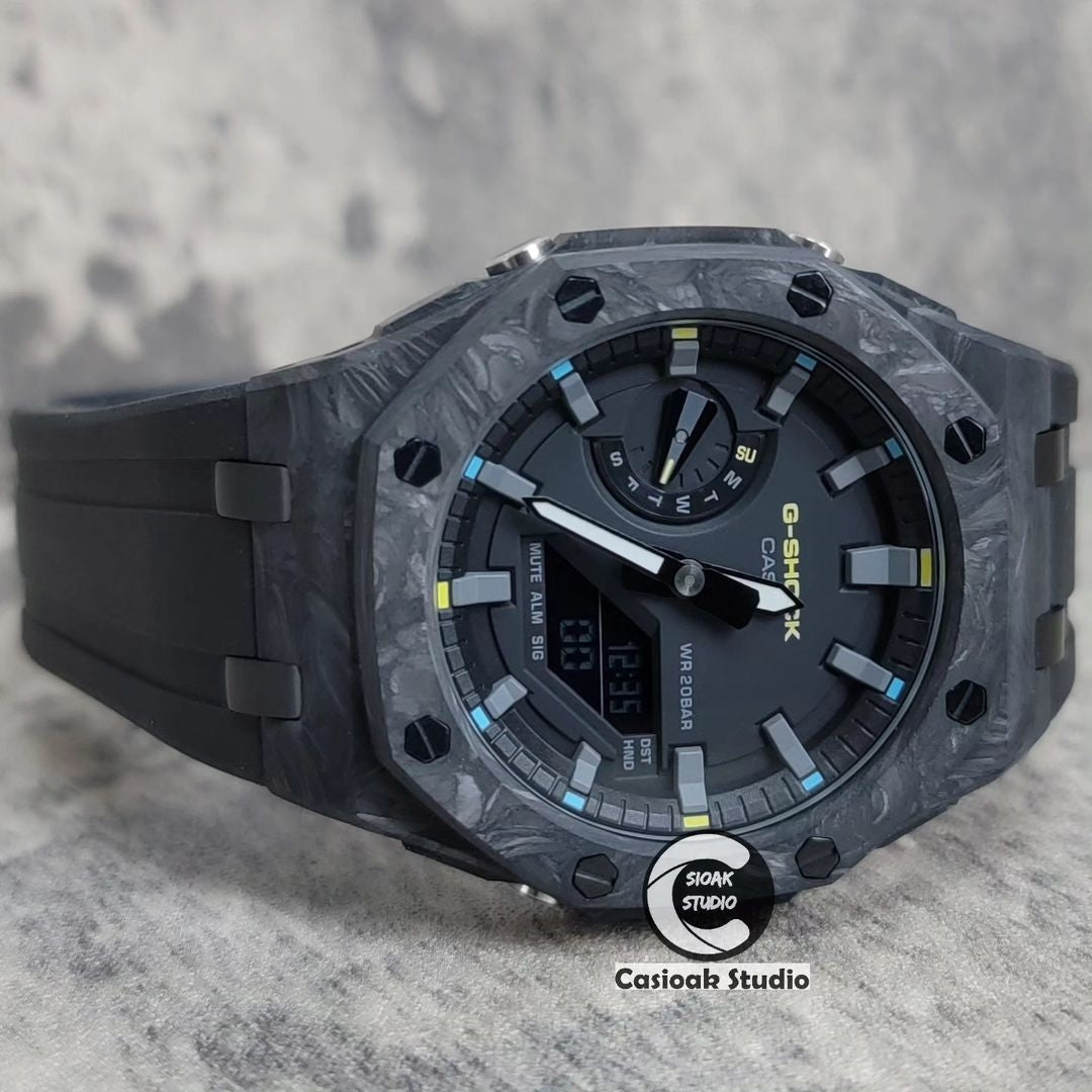 Casioak Mod Watch Carbon Fiber Superior Black Case Black Strap Black Gray Time Mark Black Dial 44mm- Casioak Mod Casio G-Shock Royal Oak Custom Mens Luxury Watches Ga2100