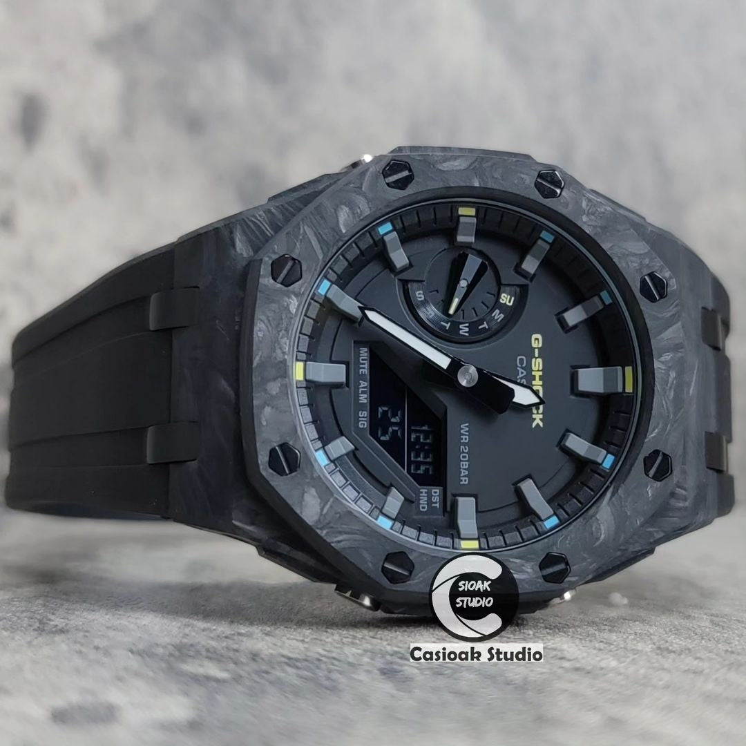 Casioak Mod Watch Carbon Fiber Superior Black Case Black Strap Black Gray Time Mark Black Dial 44mm- Casioak Mod Casio G-Shock Royal Oak Custom Mens Luxury Watches Ga2100