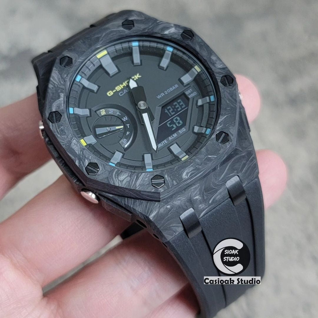 Casioak Mod Watch Carbon Fiber Superior Black Case Black Strap Black Gray Time Mark Black Dial 44mm- Casioak Mod Casio G-Shock Royal Oak Custom Mens Luxury Watches Ga2100