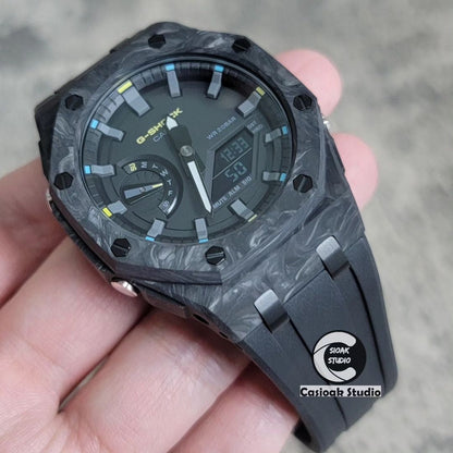 Casioak Mod Watch Carbon Fiber Superior Black Case Black Strap Black Gray Time Mark Black Dial 44mm- Casioak Mod Casio G-Shock Royal Oak Custom Mens Luxury Watches Ga2100