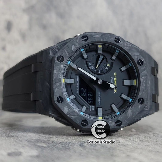 Casioak Mod Watch Carbon Fiber Superior Black Case Black Strap Black Gray Time Mark Black Dial 44mm- Casioak Mod Casio G-Shock Royal Oak Custom Mens Luxury Watches Ga2100