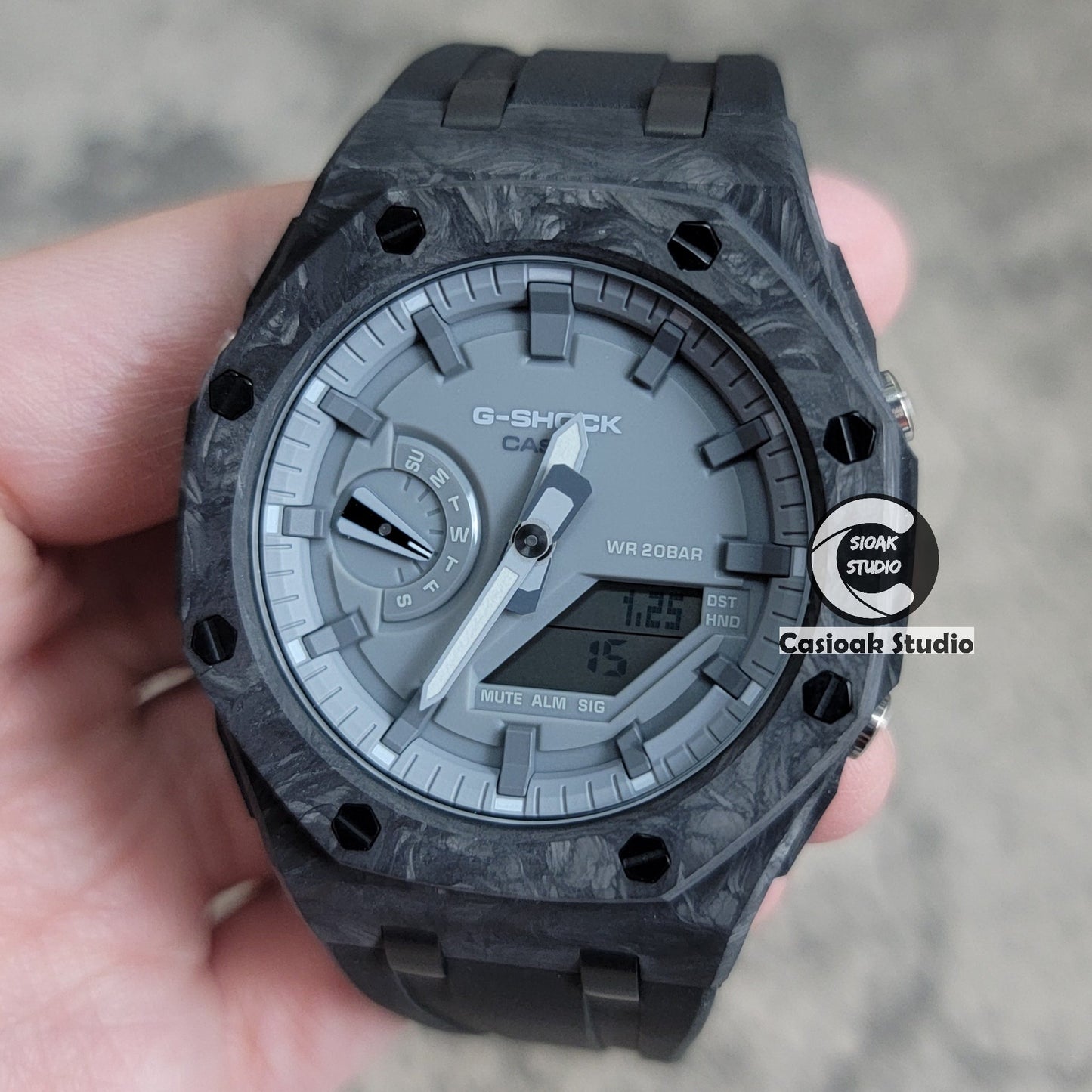 Casioak Mod Watch Carbon Fiber Superior Black Case Black Strap Gray Time Mark Gray Dial 44mm- Casioak Mod Casio G-Shock Royal Oak Custom Mens Luxury Watches Ga2100