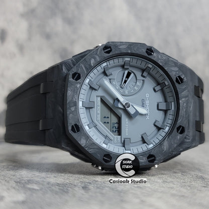 Casioak Mod Watch Carbon Fiber Superior Black Case Black Strap Gray Time Mark Gray Dial 44mm- Casioak Mod Casio G-Shock Royal Oak Custom Mens Luxury Watches Ga2100