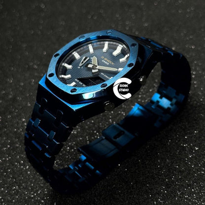 Casioak Mod Watch Case Metal Strap Black White Time Mark Blue Dial 44mm- Casioak Mod Casio G-Shock Royal Oak Custom Mens Luxury Watches Ga2100