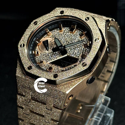 Casioak Mod Watch Diamond Frosted Rose Gold Case Metal Strap Black Rose Gold Time Mark Diamond Dial 44mm- Casioak Mod Casio G-Shock Royal Oak Custom Mens Luxury Watches Ga2100