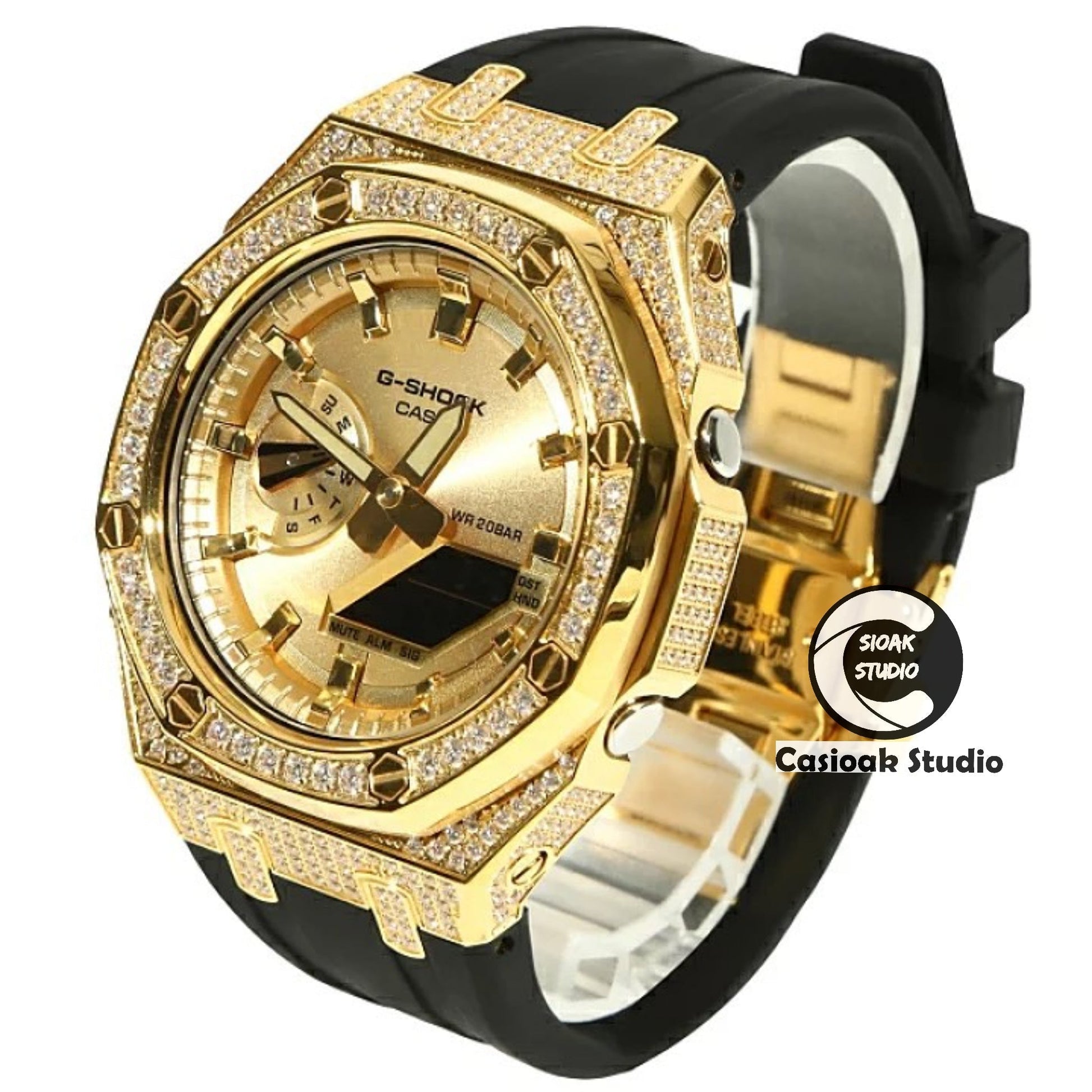 Casioak Mod Watch Diamond Gold Case Black Strap Gold Time Mark Gold Dial 44mm- Casioak Mod Casio G-Shock Royal Oak Custom Mens Luxury Watches Ga2100