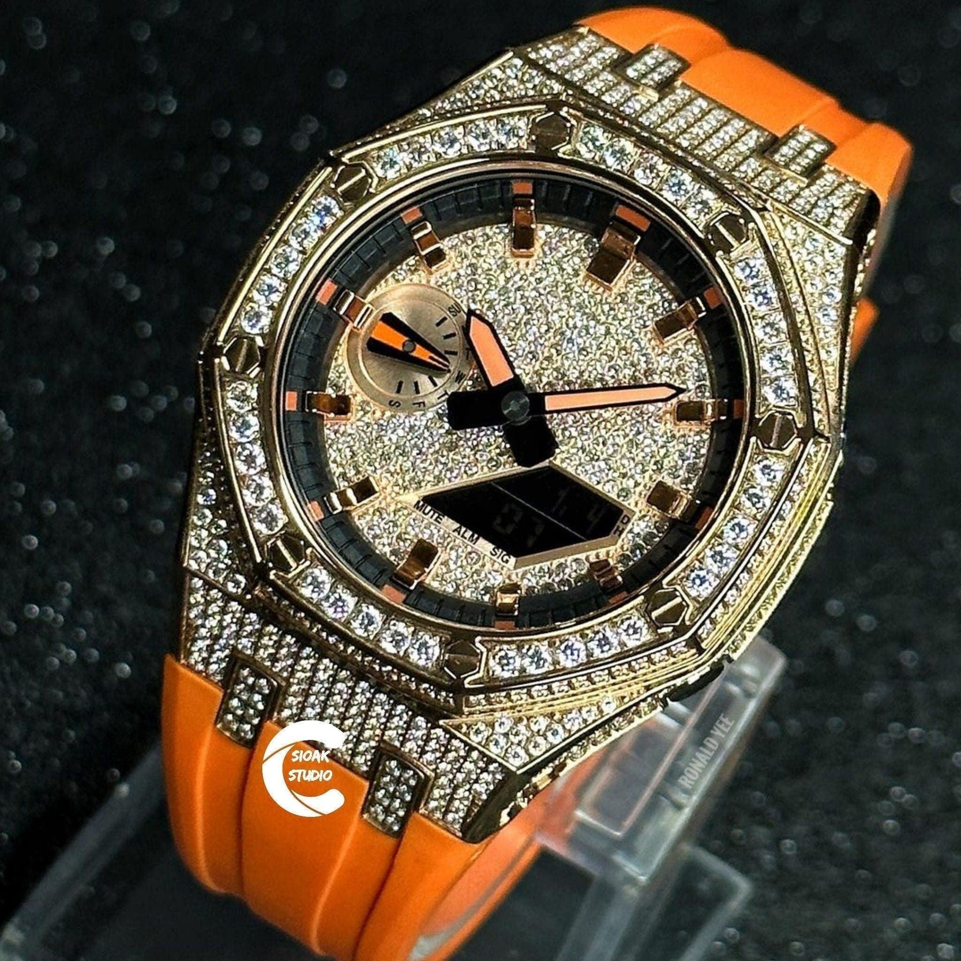 Casioak Mod Watch Diamond Rose Gold Case Orange Strap Black Rose Gold Time Mark Diamond Dial 44mm- Casioak Mod Casio G-Shock Royal Oak Custom Mens Luxury Watches Ga2100