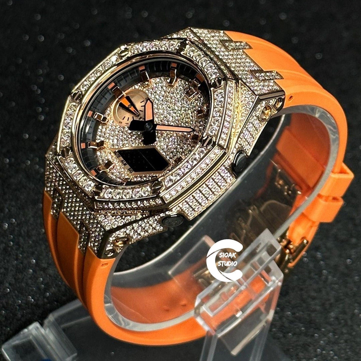 Casioak Mod Watch Diamond Rose Gold Case Orange Strap Black Rose Gold Time Mark Diamond Dial 44mm- Casioak Mod Casio G-Shock Royal Oak Custom Mens Luxury Watches Ga2100