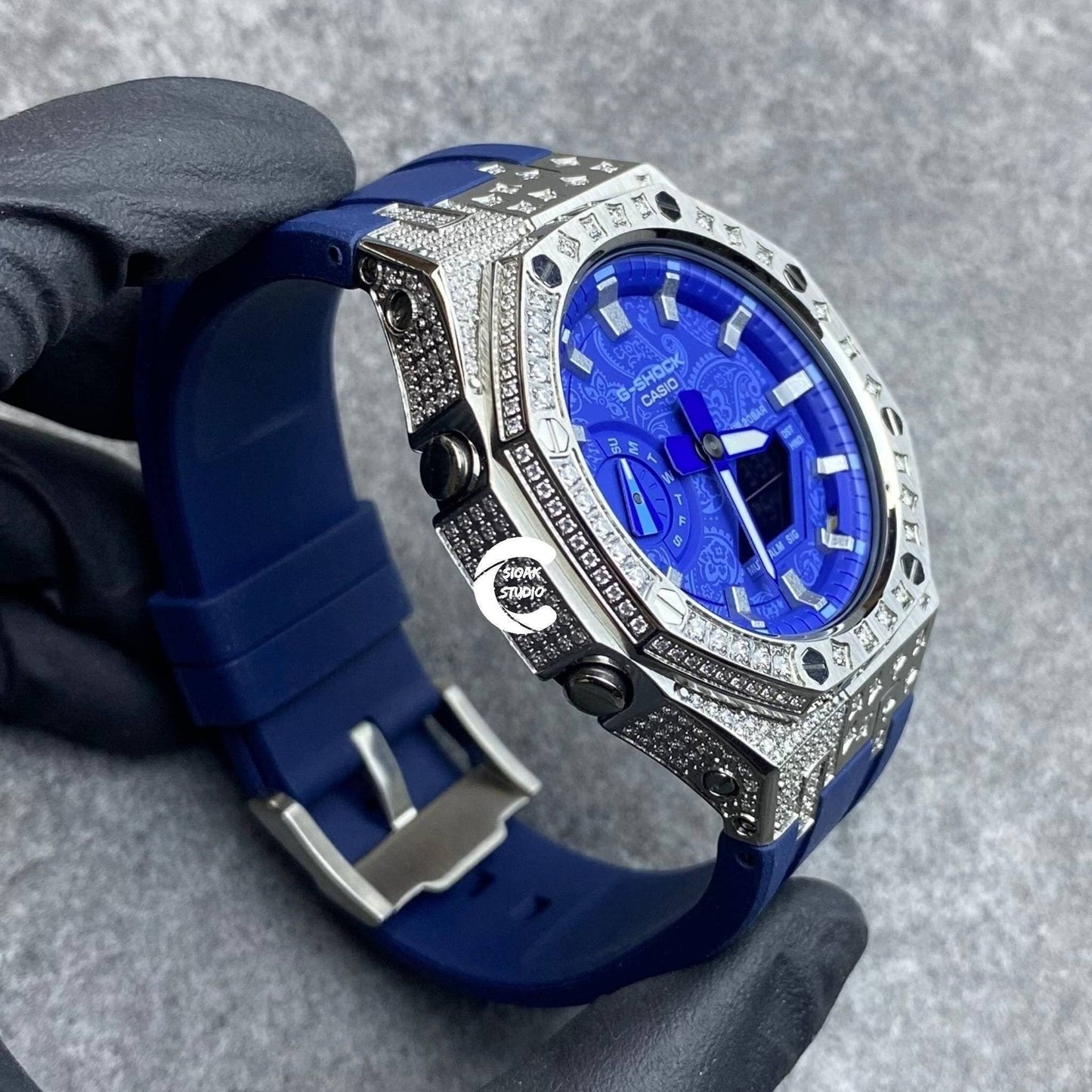 Casioak Mod Watch Diamond Silver Case Blue Strap Blue Silver Time Mark Blue Dial 44mm- Casioak Mod Casio G-Shock Royal Oak Custom Mens Luxury Watches Ga2100