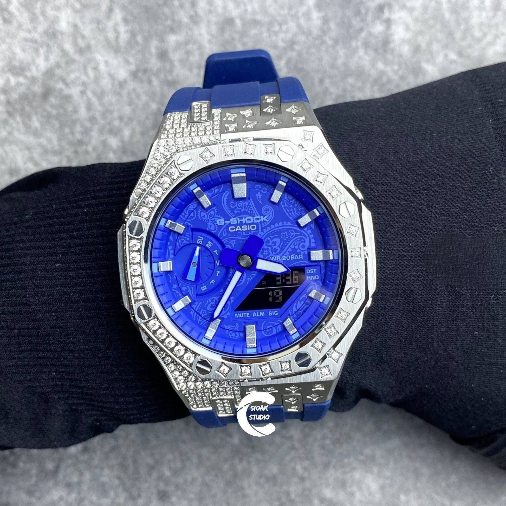 Casioak Mod Watch Diamond Silver Case Blue Strap Blue Silver Time Mark Blue Dial 44mm- Casioak Mod Casio G-Shock Royal Oak Custom Mens Luxury Watches Ga2100