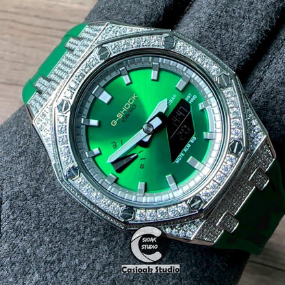 Casioak Mod Watch Diamond Silver Case Green Strap Silver Time Mark Green Dial 44mm Gift- Casioak Mod Casio G-Shock Royal Oak Custom Mens Luxury Watches Ga2100