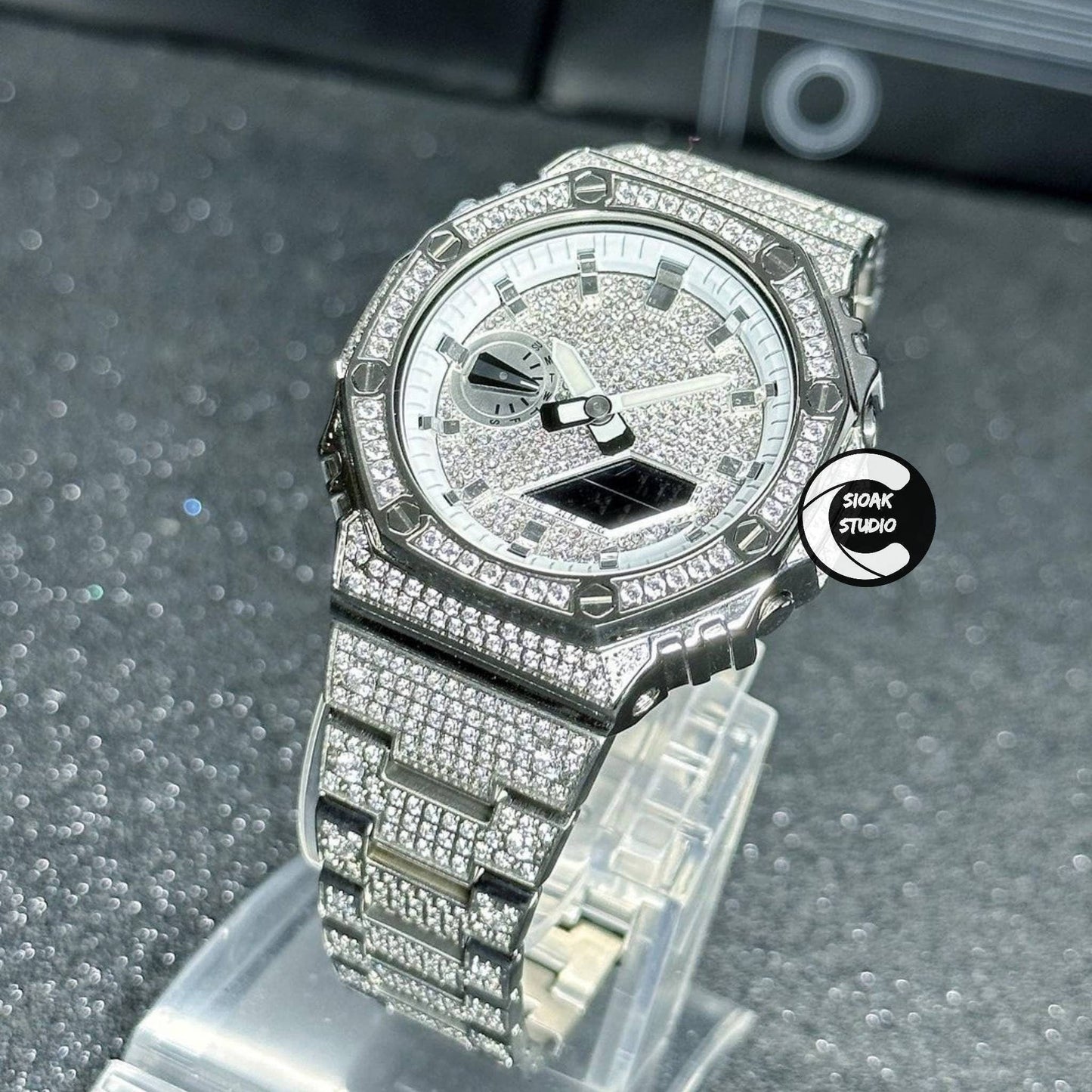 Casioak Mod Watch Diamond Silver Case Metal Strap White Silver Time Mark Diamond Dial 44mm- Casioak Mod Casio G-Shock Royal Oak Custom Mens Luxury Watches Ga2100