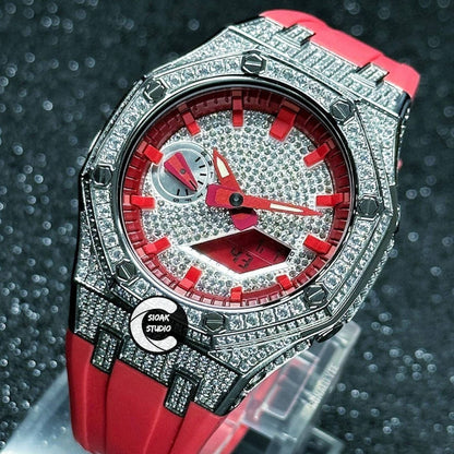 Casioak Mod Watch Diamond Silver Case Red Strap Red Time Mark Diamond Dial 44mm- Casioak Mod Casio G-Shock Royal Oak Custom Mens Luxury Watches Ga2100