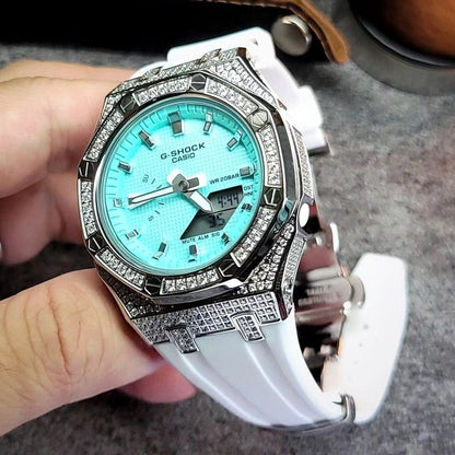 Casioak Mod Watch Diamond Silver Case Tiff Strap Tiff Blue Dial Wife- Casioak Mod Casio G-Shock Royal Oak Custom Mens Luxury Watches Ga2100