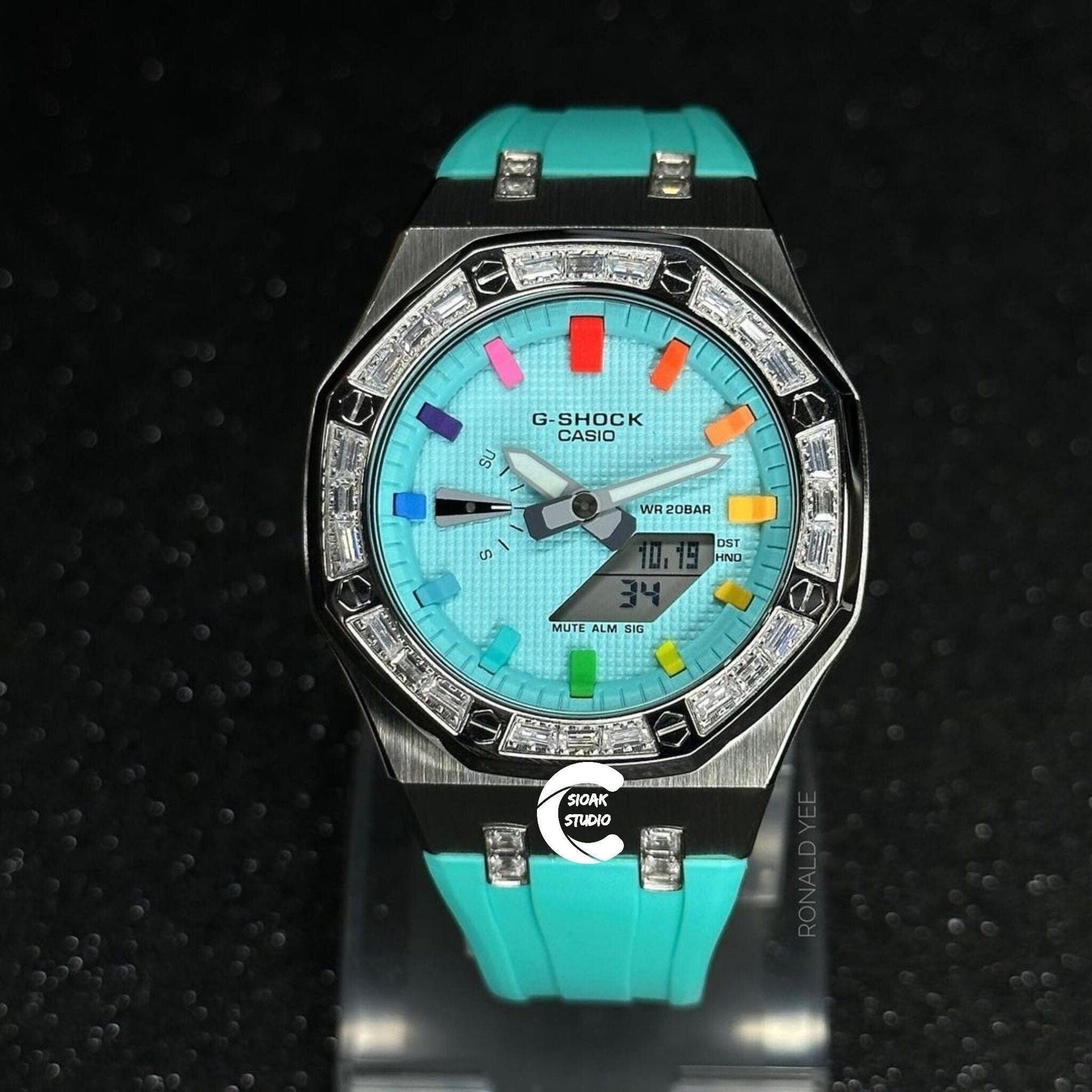 Casioak Mod Watch Diamond Silver Case Tiff Strap Tiff Rainbow Time Mark Tiff Blue Dial 44mm- Casioak Mod Casio G-Shock Royal Oak Custom Mens Luxury Watches Ga2100