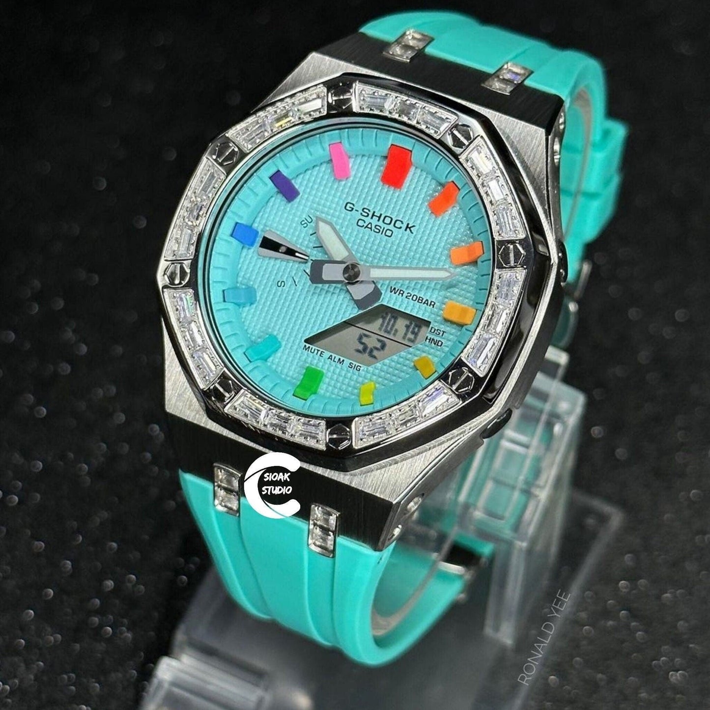 Casioak Mod Watch Diamond Silver Case Tiff Strap Tiff Rainbow Time Mark Tiff Blue Dial 44mm- Casioak Mod Casio G-Shock Royal Oak Custom Mens Luxury Watches Ga2100